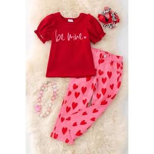 NEW KIDSCHARM girl's be mine bubble sleeve top & heart jeans set in red/pink